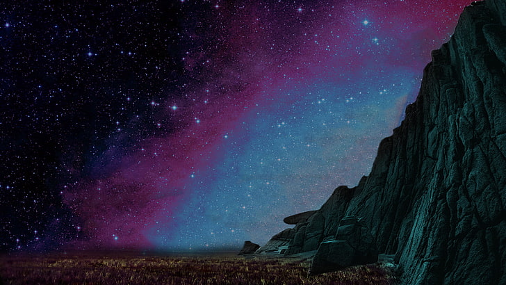 илюстрация на скална скала, скала, природа, звезди, небе, вселена, HD тапет