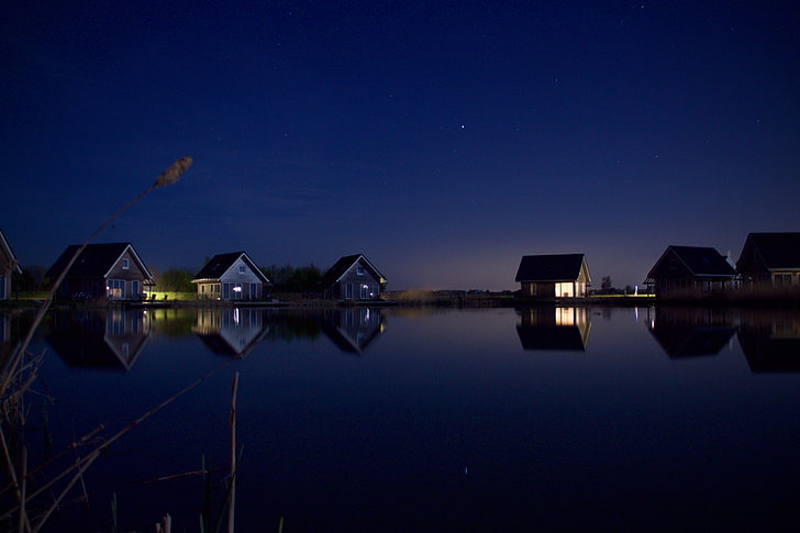 езеро, вода, звездна нощ, нощ, HD тапет