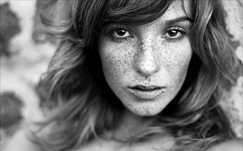 grayscale photo of woman's face, vica kerekes, red hair, freckles, face, black white, HD wallpaper HD wallpaper
