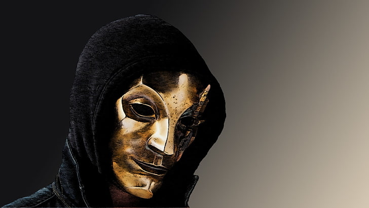 златна маска, злато, жълто, произведение на изкуството, Mystique, лице, бяло, черно, Hollywod Undead, Danny, HD тапет