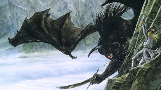 carta da parati diavolo, J. R. R. Tolkien, Balrog, The Silmarillion, John Howe, fantasy art, artwork, Sfondo HD HD wallpaper