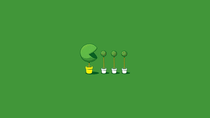 Pacman, trees, simple background, minimalism, humor, green background, threadless, simple, HD wallpaper