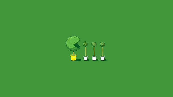 zielona roślina liściasta ilustracja, bezgwintowy, prosty, minimalizm, humor, Pacman, drzewa, zielone tło, proste tło, Tapety HD