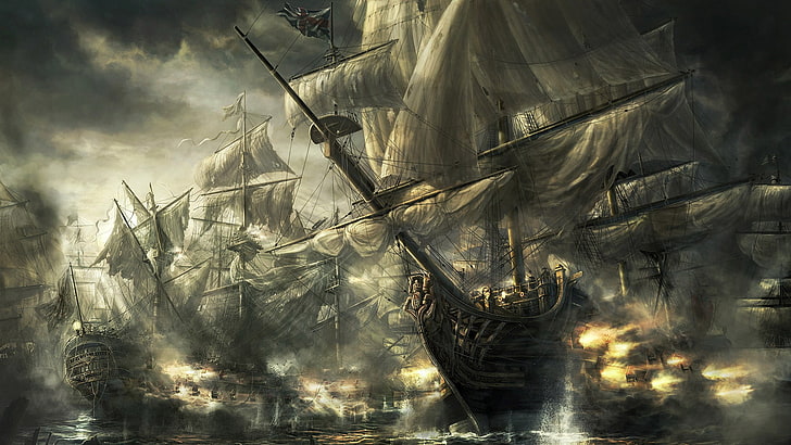 lined up galleon ships digital wallpaper, sea, old ship, Battleship, HD wallpaper