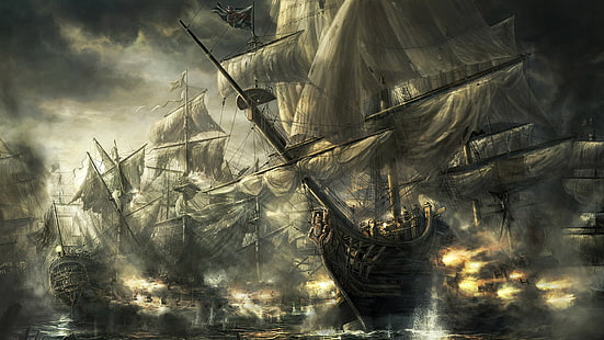 lined up galleon ships digital wallpaper, sea, old ship, Battleship, HD wallpaper HD wallpaper