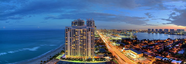 Sunny isles beach, Miami, Florida, Panorama, Atlantic coast, City nightlife, HD wallpaper