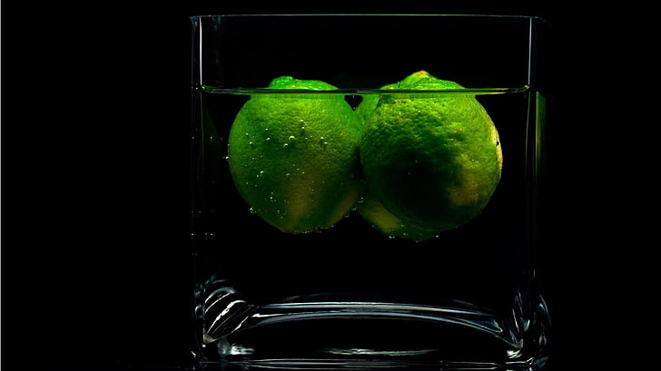 green and black fish tank, drinking glass, lemons, water, HD wallpaper