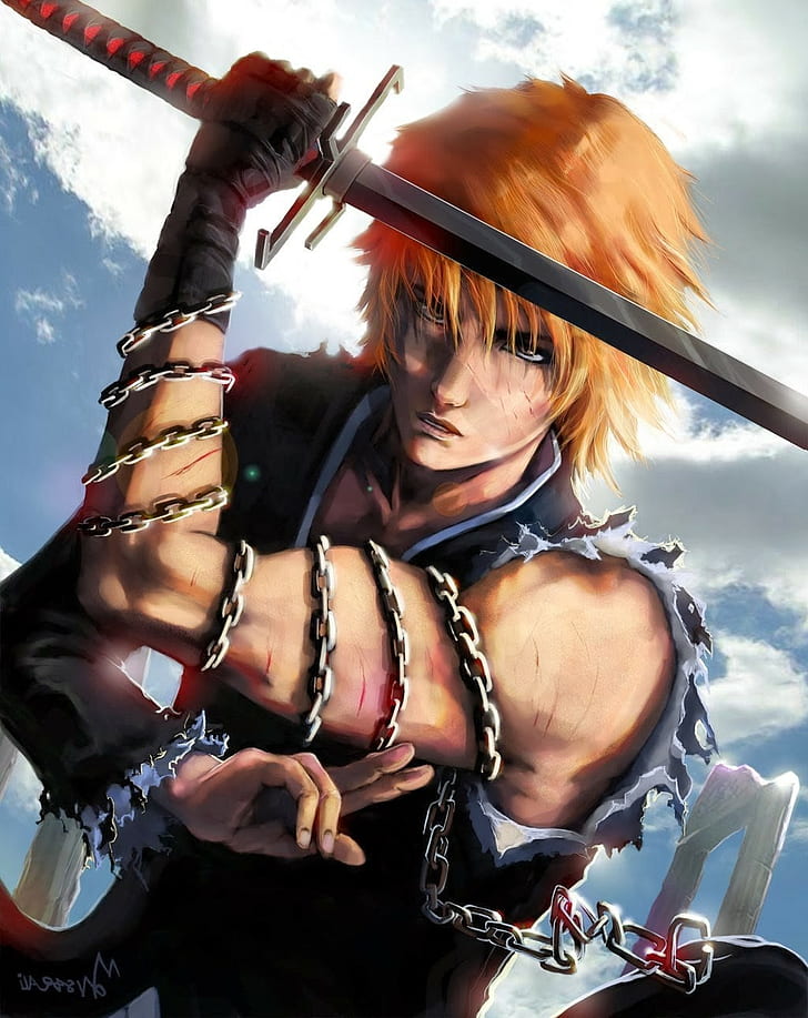 anime pemutih kurosaki ichigo oranye rambut rantai pedang anak laki-laki anime, Wallpaper HD, wallpaper seluler