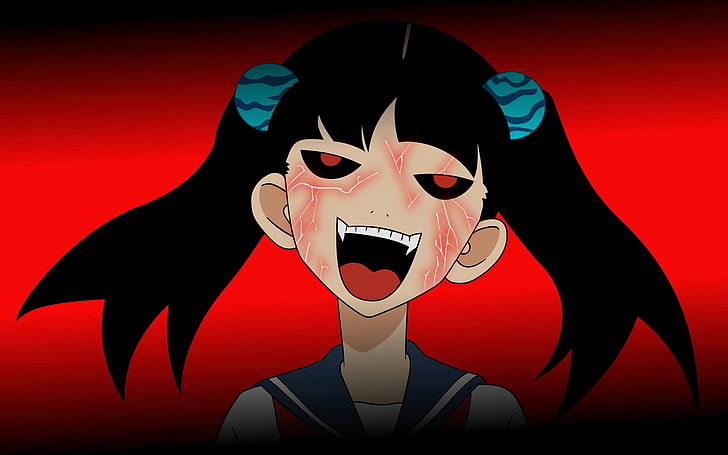 svarthårig kvinnlig anime karaktär tapeter, otonashi meru, flicka, vampyr, huggtänder, HD tapet