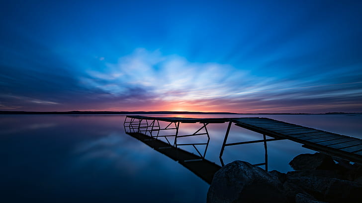 sunrise, long exposure, nature, water, Sweden, Linköping, jetty, dock, clear sky, HD wallpaper