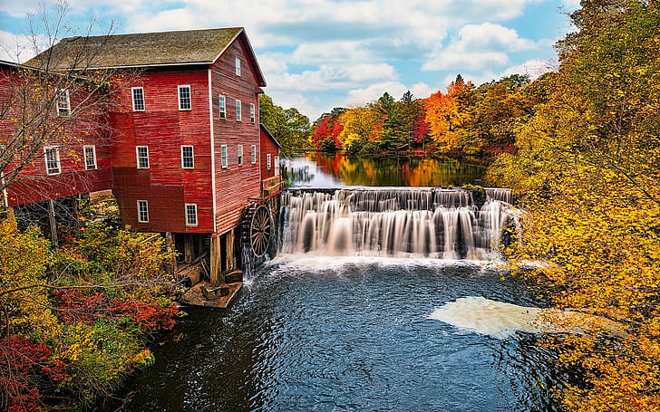 USA, Wisconsin, โรงสีน้ำ, แม่น้ำ, น้ำตก, ต้นไม้, ฤดูใบไม้ร่วง, USA, Wisconsin, Water, Mill, River, Waterfalls, Trees, Autumn, วอลล์เปเปอร์ HD