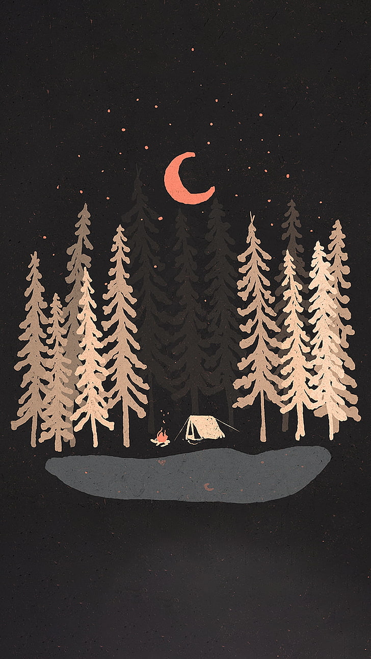 svartvitt lärkträd illustration, digital konst, porträttvisning, natur, träd, skog, camping, vatten, sjö, tält, eld, måne, stjärnor, natt, enkel bakgrund, HD tapet, telefon tapet