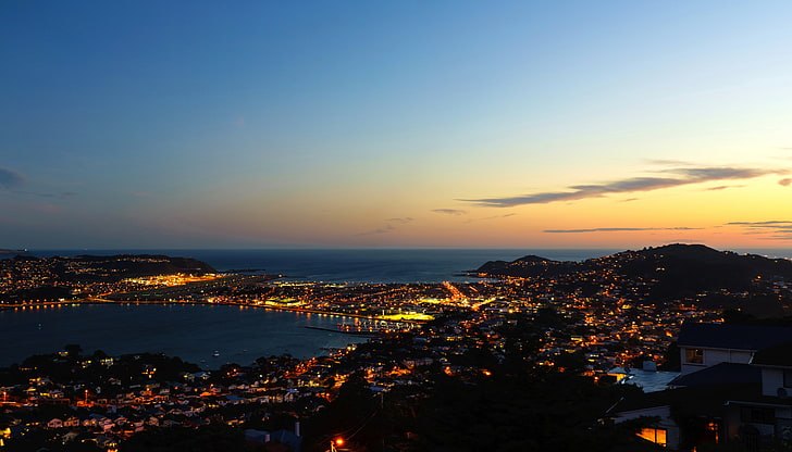 sea, night, lights, coast, home, New Zealand, panorama, Wellington, HD wallpaper