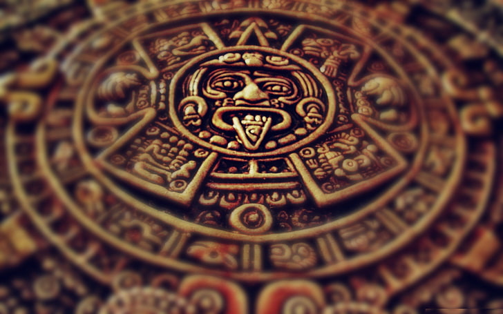 gold-colored accessory, Aztec, gold, depth of field, metal, zoma, calendar, sculpture, Mexico, macro, artwork, brown, HD wallpaper
