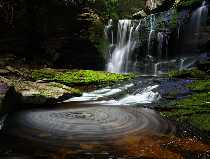 time lapse photography of waterfalls, Swirling, Pool, time lapse photography, waterfall, blackwater  falls  state  park, west  virginia, Pot-of-Gold, BEJ, Canon  EOS  5D  mark ii, nature, river, stream, water, rock - Object, forest, landscape, outdoors, HD wallpaper