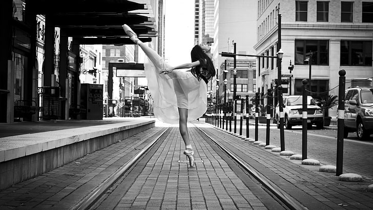 bailarina, balé, cidade, pernas, olhando para cima, espalhar pernas, HD papel de parede