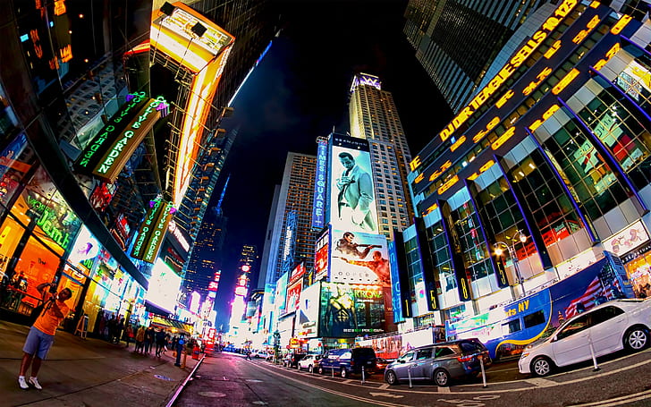 cities, city, lights, neon, night, people, square, times, traffic, usa, york, HD wallpaper
