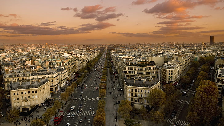brown and white concrete building, Champs-Élysées, Paris, France, city, cityscape, road, car, sunset, trees, building, clouds, HD wallpaper