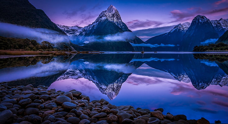 nature, landscape, mountains, fjord, snowy peak, mist, water, reflection, clouds, Milford Sound, New Zealand, blue, morning, HD wallpaper