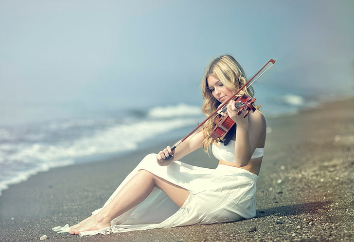 Кери Рут Гарсия, коричневая скрипка, скрипач, побережье, Кери Рут Гарсия, HD обои