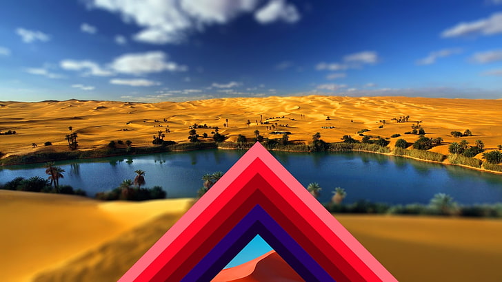 Fotografía de inclinación y cambio de oasis en el desierto, triángulo, abstracto, poliscape, manipulación de fotos, desierto, paisaje, naturaleza, Fondo de pantalla HD