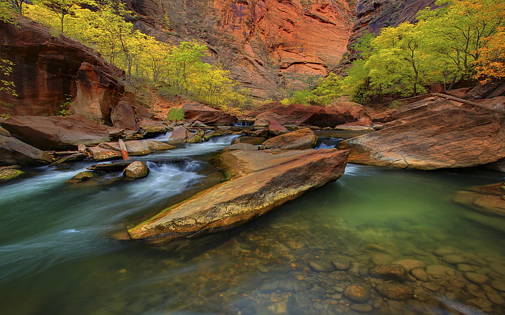 Río de montaña, cauce de agua verde claro con rocas rojas, árboles con hojas verdes Parque Nacional Zion U.s.Servicio de parques nacionales, Fondo de pantalla HD