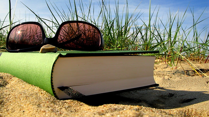 brown wayfarer sunglasses, summer, vacation, book, glasses, bookmark, sand, grass, HD wallpaper