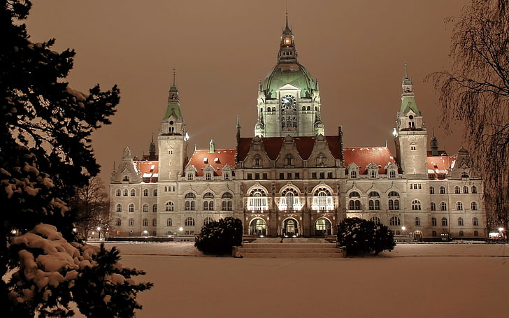 buildings, germany, hannover, neues, rathaus, snow, winter, HD wallpaper