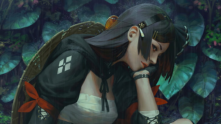 GUWEIZ, samurai, women, black hair, fantasy girl, illustration, artwork, Z.W. Gu, HD wallpaper