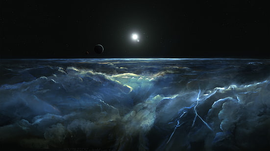ภาพประกอบเมฆและสายฟ้าศิลปะดิจิตอลศิลปะอวกาศอวกาศดาวเคราะห์งานศิลปะ, วอลล์เปเปอร์ HD HD wallpaper