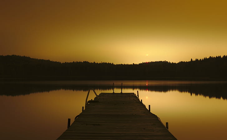 silhouette of brown wooden dock, Pier, silhouette, dock, Dual, ISO, HDR, dead pixels, lake, lights, night, outside, sky, nature, sunset, reflection, tranquil Scene, landscape, water, outdoors, summer, jetty, scenics, dusk, wood - Material, sunrise - Dawn, forest, morning, sunlight, beauty In Nature, tree, sun, HD wallpaper