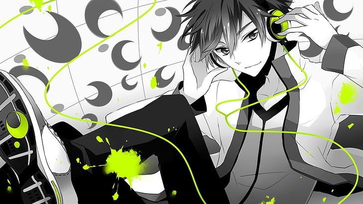 мальчик с зеленым проводным наушником аниме, иллюстрация персонажа, аниме, наушники, вокалоид, HD обои