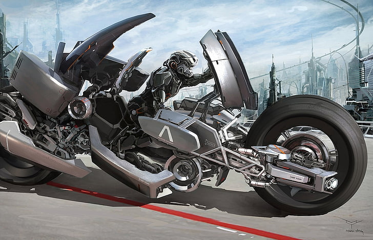 szaro-czarna futurystyczna ilustracja pojazdu, science fiction, grafika, cyborg, futurystyczny, motocykl, Tapety HD