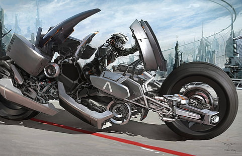 illustrazione futuristica grigia e nera del veicolo, fantascienza, opera d'arte, cyborg, futuristica, motocicletta, Sfondo HD HD wallpaper