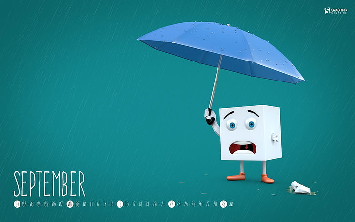 Sugar Cube-September 2014 Calendar Wallpaper, blue umbrella illustration, HD wallpaper