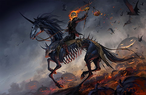 Dark, Skeleton, Halloween, Horse, Jack-o'-lantern, HD wallpaper HD wallpaper