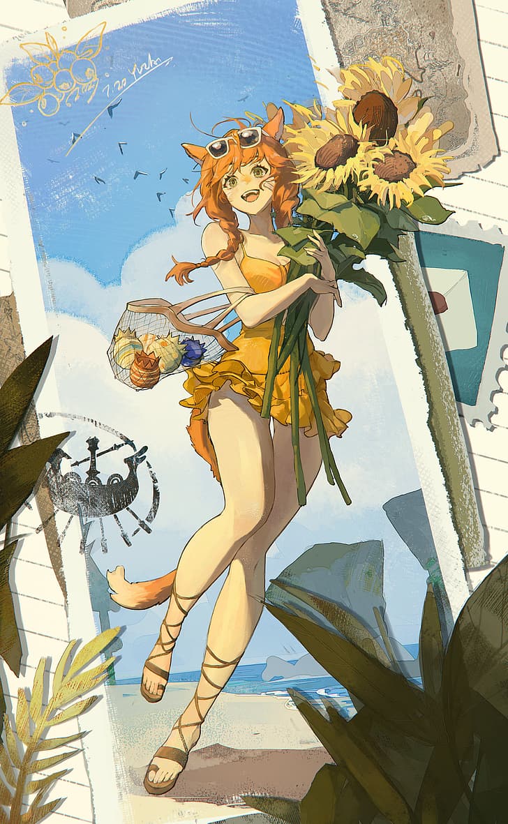 Final Fantasy, picture, anime girls, portrait display, Warrior of Light (Final Fantasy), Bomb (Final Fantasy), dress, yellow dress, sunflowers, yellow flowers, notebooks, bouquets, sunglasses, twintails, smiling, beach, redhead, green eyes, sandals, braided hair, braids, Yuzaiii, signature, Frill dress, long hair, animal ears, cat ears, frills, leaves, tail, sleeveless, clouds, standing on one leg, sky, HD wallpaper