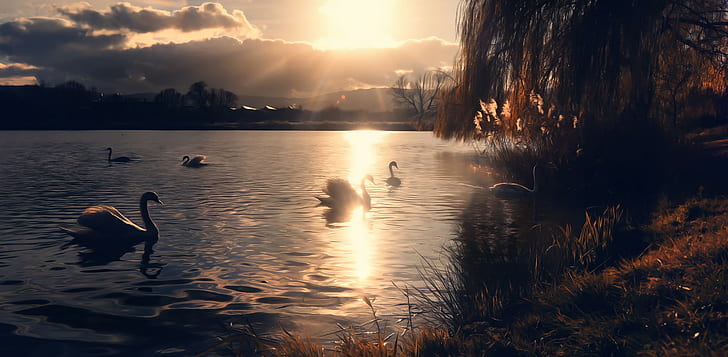 Miss Froggi, swans, lake, swans in body of water, sun, swans, lake, Miss Froggi, HD wallpaper