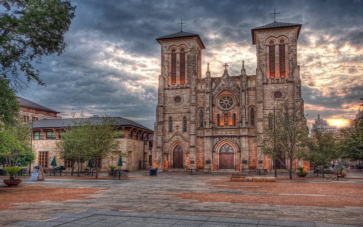 HDR, sky, cityscape, church, sunset, Cathedral of San Fernando, San Antonio, cathedral, HD wallpaper