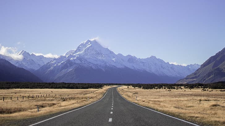 nature, landscape, mountains, clouds, sky, trees, grass, road, mount Cook, New Zealand, HD wallpaper
