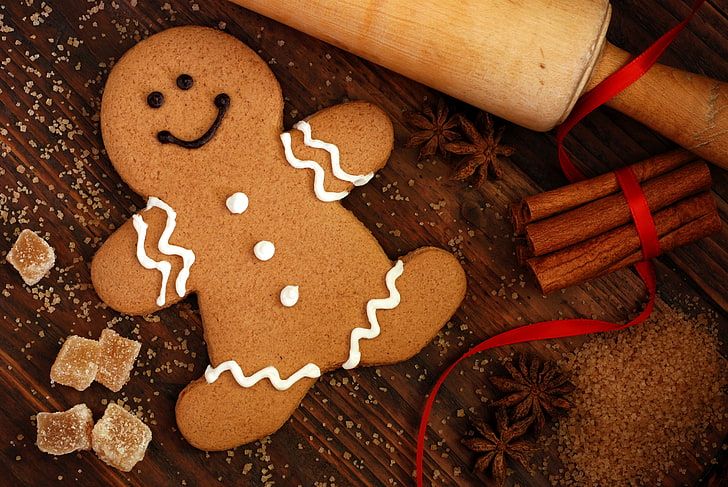 Gingerbread cookie, winter, food, New Year, cookies, Christmas, man, sugar, cinnamon, dessert, cookie, cakes, holidays, figure, glaze, Anis, HD wallpaper