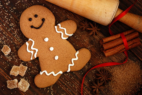 Gingerbread cookie, winter, food, New Year, cookies, Christmas, man, sugar, cinnamon, dessert, cookie, cakes, holidays, figure, glaze, Anis, HD wallpaper HD wallpaper