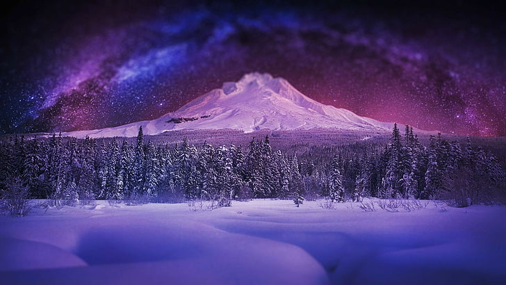 природа, пурпурный, млечный путь, небо, снег, зима, звезды, звездное небо, ночное небо, явление, пейзаж, арктика, гора, ночь, HD обои