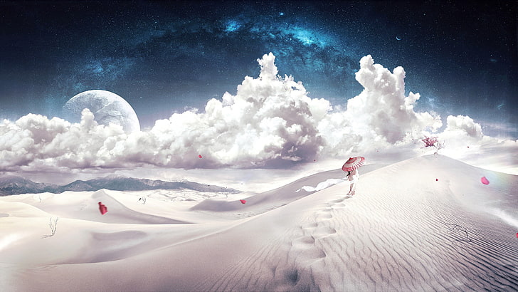 женщина под зонтиком гуляет по пустыне, произведение искусства, научная фантастика, небо, фэнтези-арт, пустыня, японский зонт, HD обои