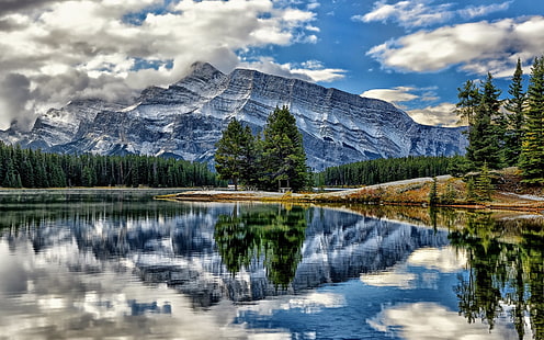 Vermillion Lakes, Parque Nacional de Banff, Alberta, Canadá, montanhas, árvores, Lagos, Banff, Nacional, Parque, Alberta, Canadá, Montanhas, Árvores, HD papel de parede HD wallpaper