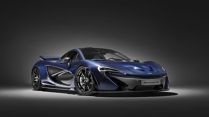 McLaren P1, суперкар, автомобиль, простой фон, прожекторы, синие автомобили, HD обои