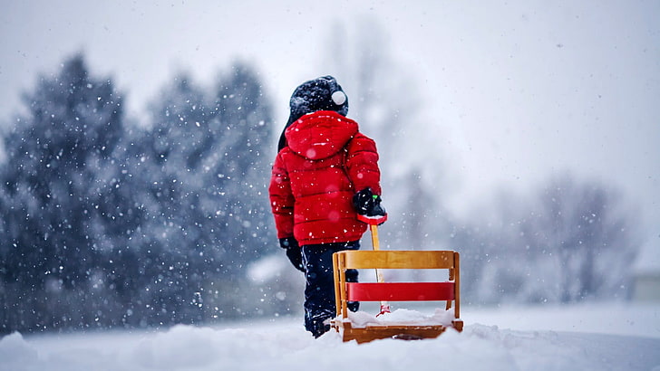 children's red bubble hoodie, children, snow, outdoors, winter, sleigh, HD wallpaper