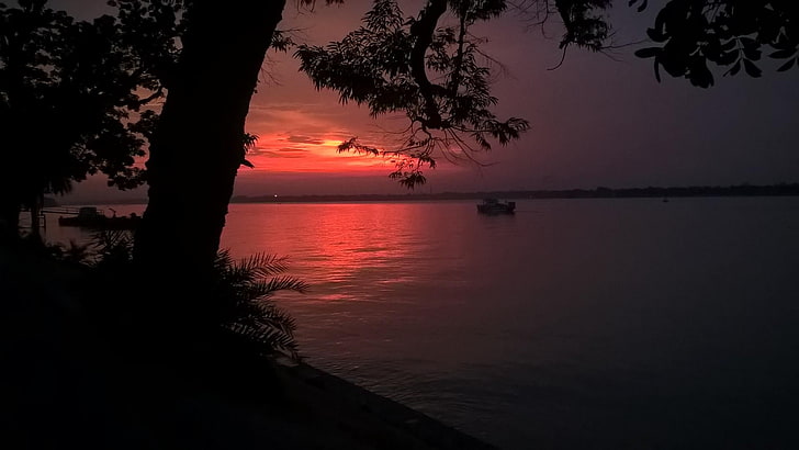 sunset, beautiful, river, boat, tree, evening, awesome, superb, coastline, horizon, HD wallpaper
