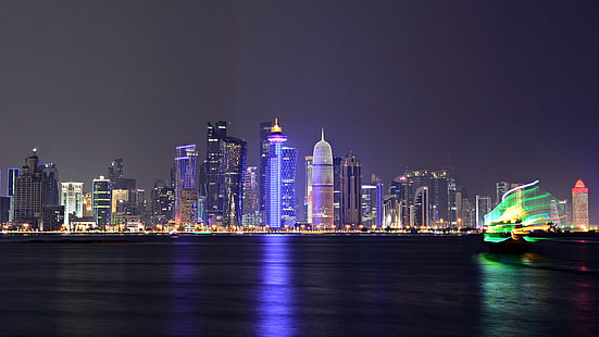 Qatar Dhows Towers Doha Bay Corniche วอลเปเปอร์เดสก์ท็อป HD สำหรับคอมพิวเตอร์แล็ปท็อปแท็บเล็ตและโทรศัพท์มือถือ 5200 × 2925, วอลล์เปเปอร์ HD HD wallpaper