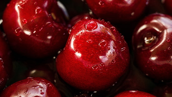 red, fruit, cherries, macro, water drops, HD wallpaper HD wallpaper